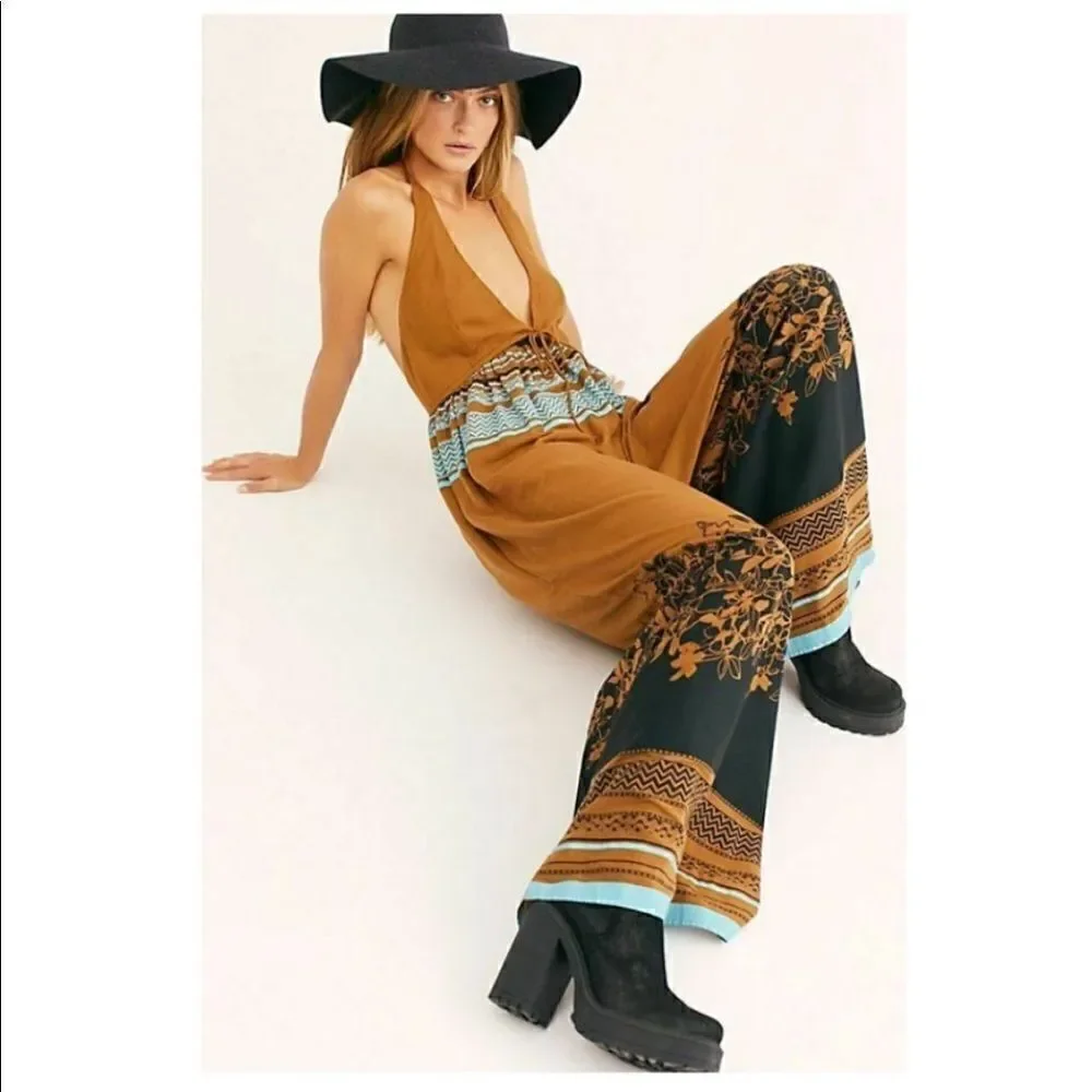 NEW FREE PEOPLE PALM BEACH HALTER PRINTED WIDE LEG ONE PIECE JUMPSUIT